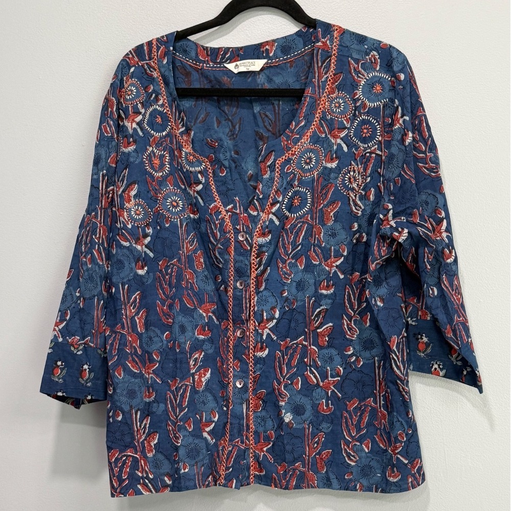 Marketplace Handwork of India Blue Floral Cotton Block Print Blouse 1W boho